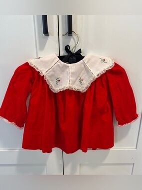 Vintage Nannette Classic Red Girls' Embroidered Collar Dress Top 18 mos